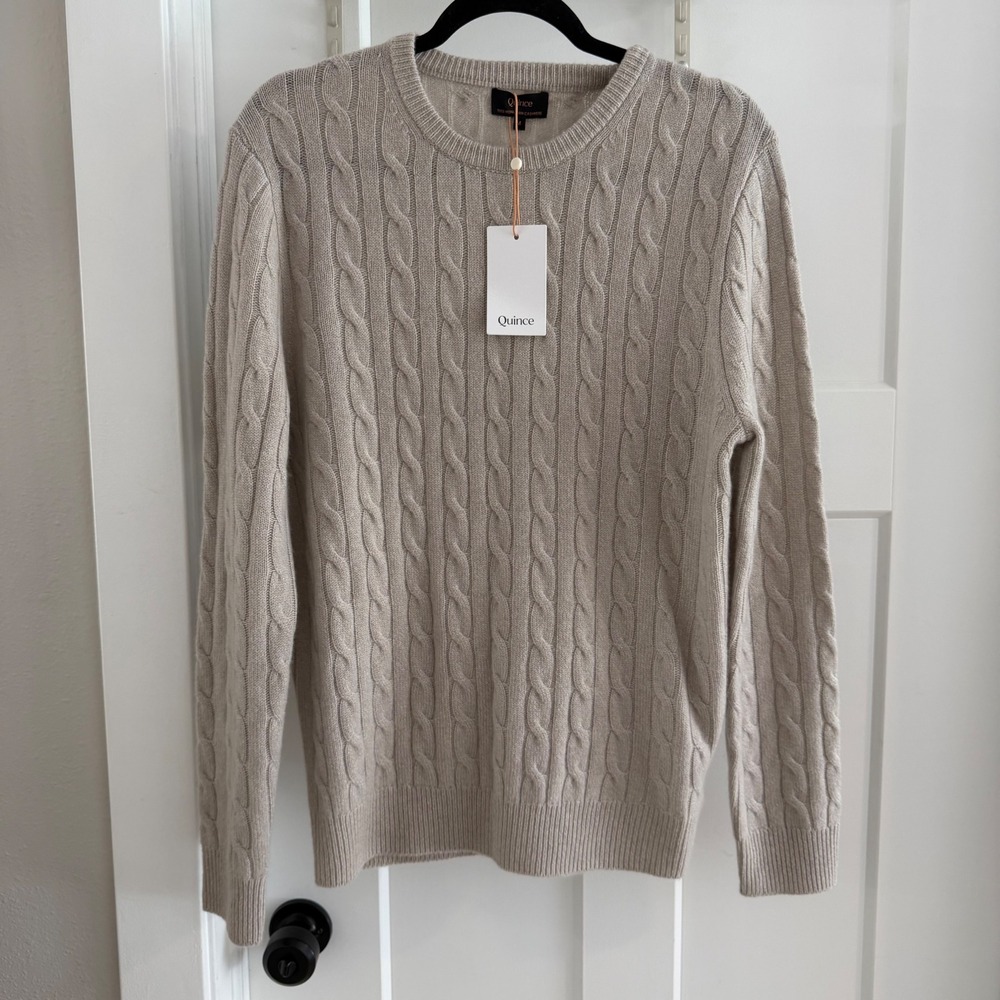 Quince Mongolian Cashmere Classic Cable Crewneck Sweater Heather Cloud Beige M